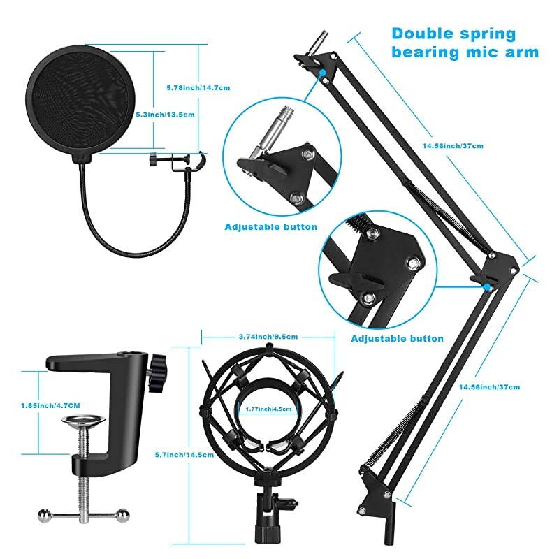 USB Microphone Kit,  192KHz/24Bit USB Condenser Studio Podcast Microphone with Scissor Arm Stand, Metal Shock Mount, Pop Filter, Mounting Clamp, Metal Tripod, Mic Windscreen & Cable