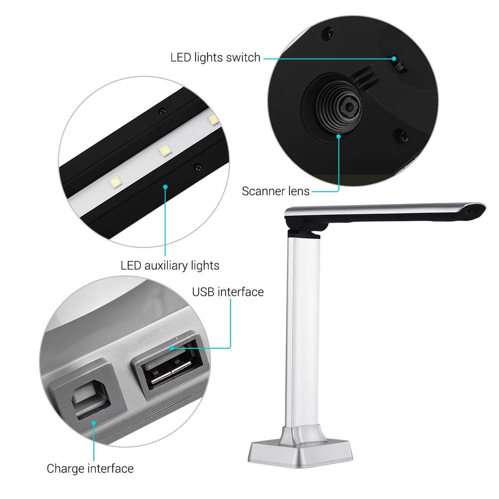 Aibecy BK30 Document Camera 5 Mega-pixel High Definition Portable Scanner Capture Size A4 Scanners for File Card Passport Recognition Support 7 Languages German/ Russian/ French/ Japanese/ Spanish/