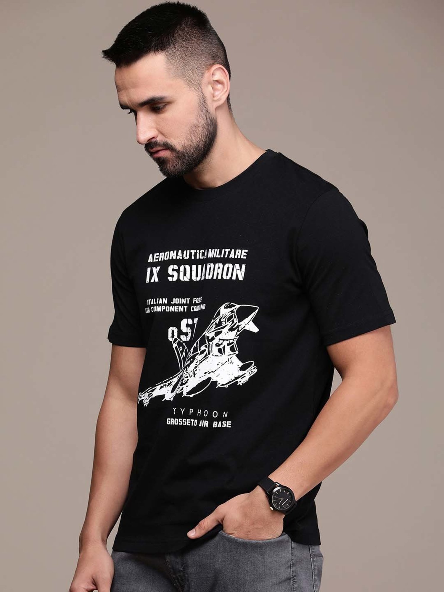 Burnt Umber Black Regular Fit Graphic Print Crew T-Shirt