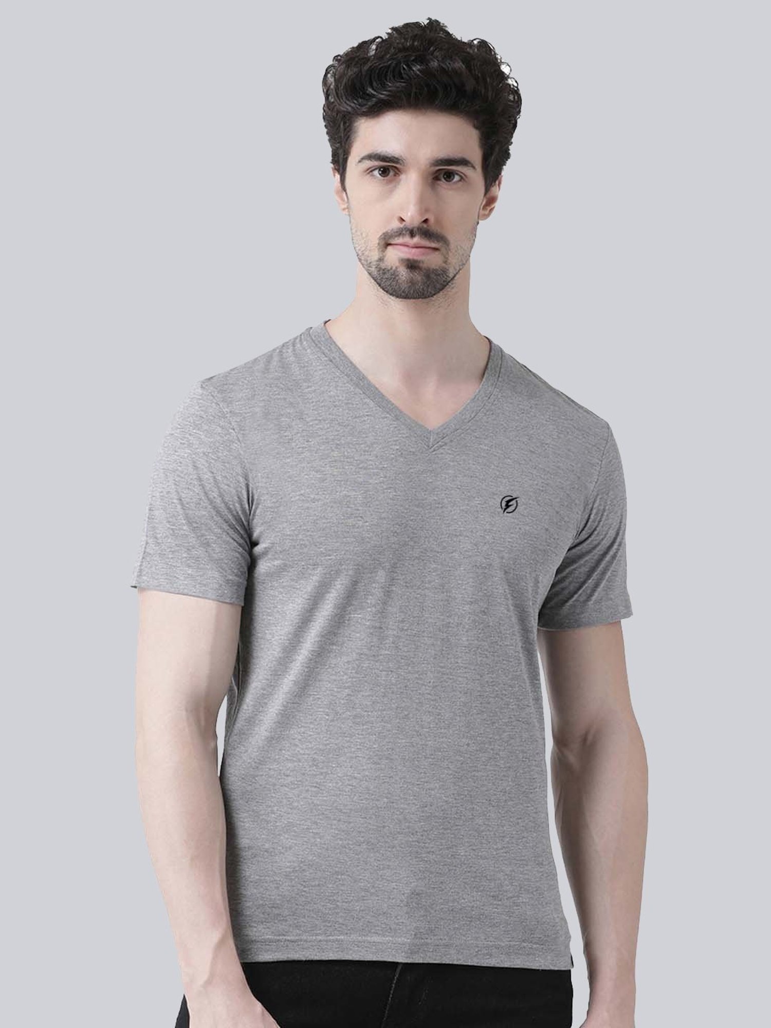 Friskers Grey & Turquiose Blue Cotton Slim Fit T-Shirt