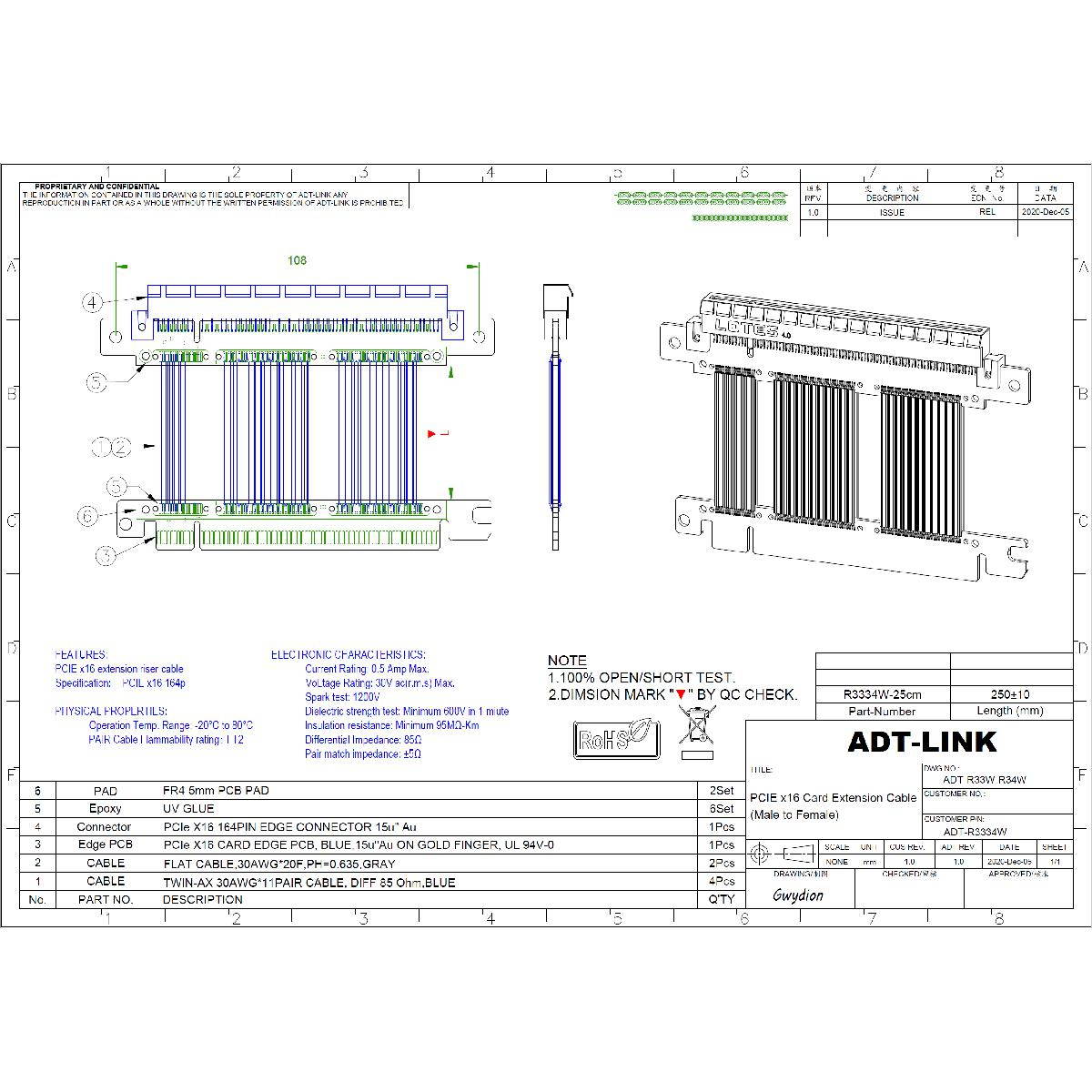 PCI-E 4.0 x16 Power Extension Cable Shielded Stable High Speed Cable 250mm