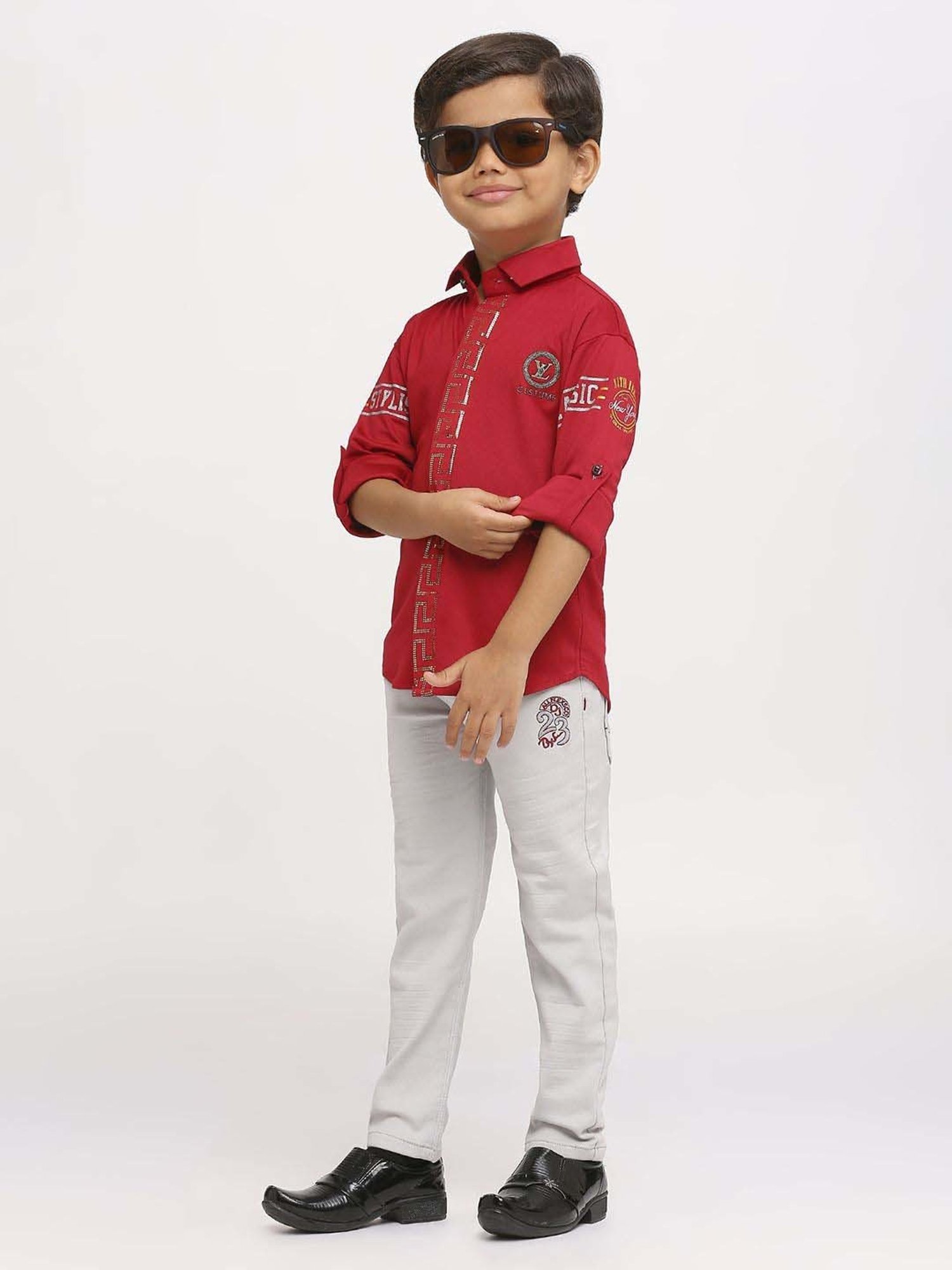 Kids Island Boys Maroon & Grey Printed Full Sleeves Clothing Set