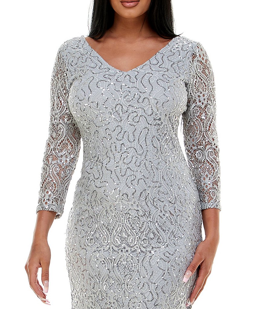 Kay Unger Long Bishop Sleeve V-Neck Crepe A-Line Dress