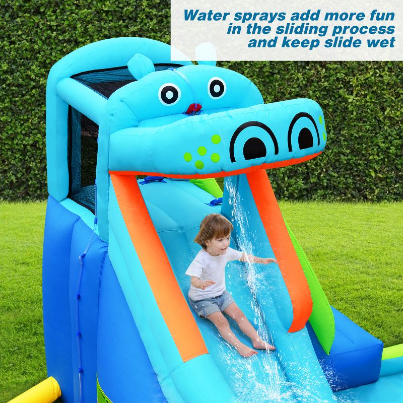 Costway Inflatable Kids Hippo Bounce House Slide Climbing Wall Splash Pool w/740W Blower