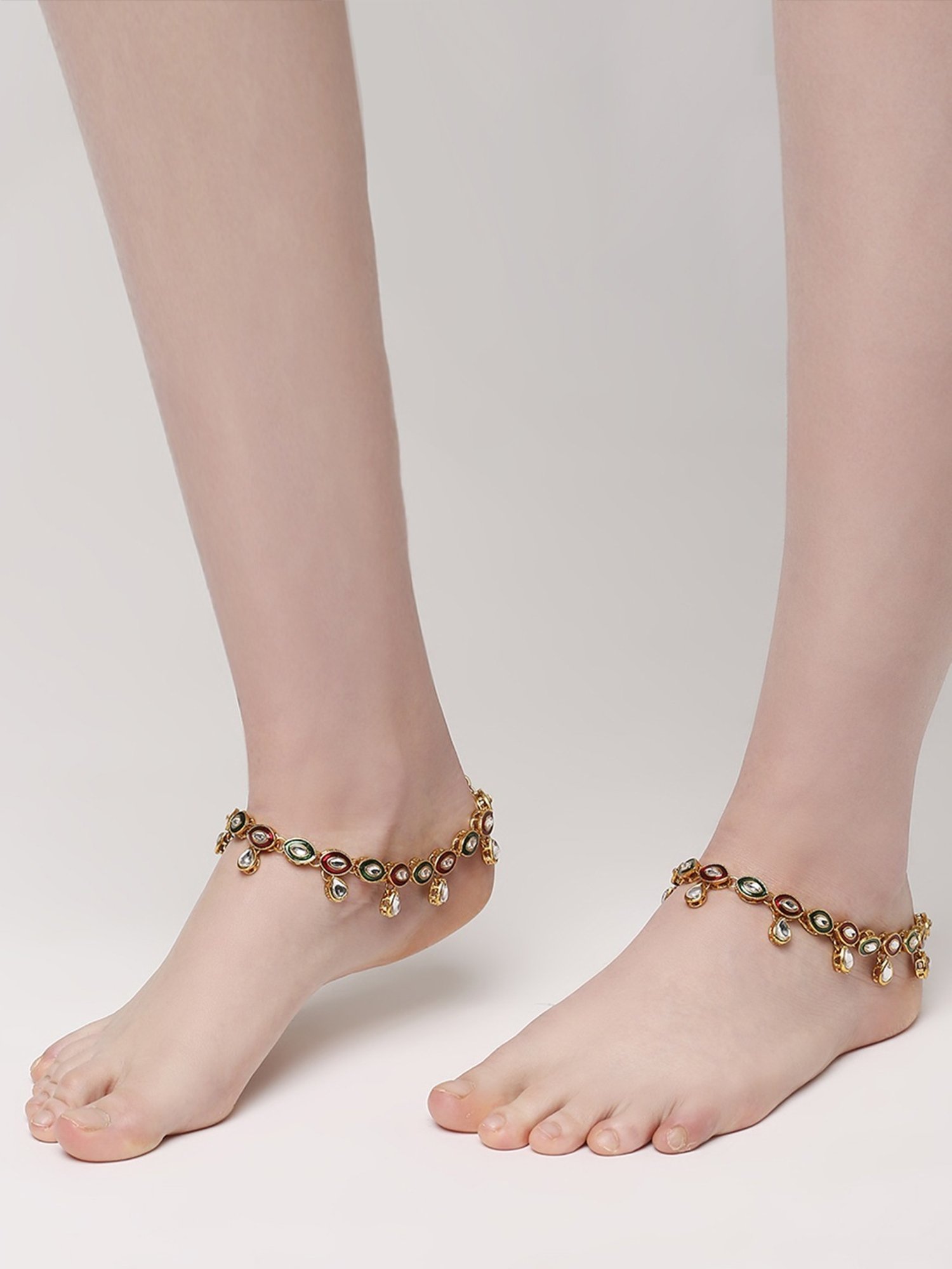 Oomph Red & Green Meenakari Kundan Anklets - Pair of 1