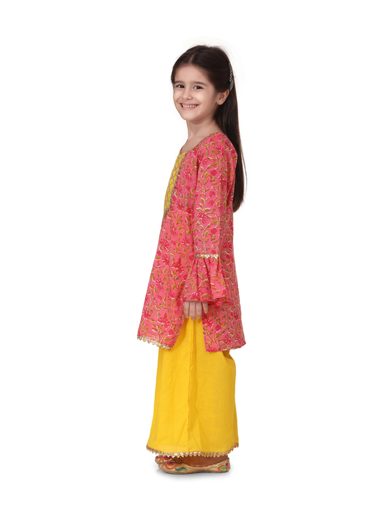 BownBee Kids Yellow & Pink Cotton Printed Kurti & Palazzos