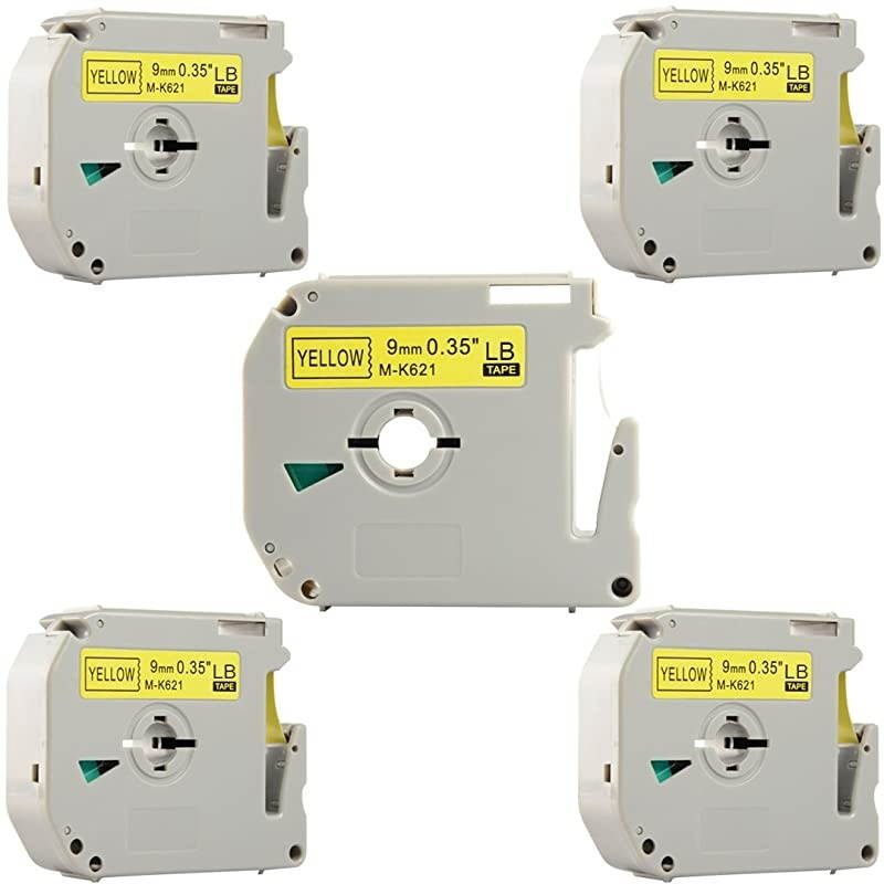 M621 M-K621 M-621 MK621s 0.35 Inch (3/8" x 26.3 Feet (9mm x 8m),Black on Yellow Label Tapes,Compatible for Brother P-Touch Label Makers PTM95 PT90 PT65 PT80 (9mm Black on Yellow, 5 Pack)