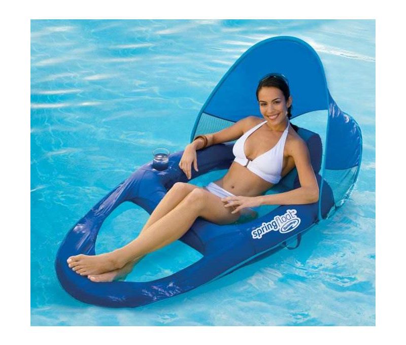 SwimWays Spring Float Recliner Pool Lounge Chair w/ Sun Canopy, Blue | 13022