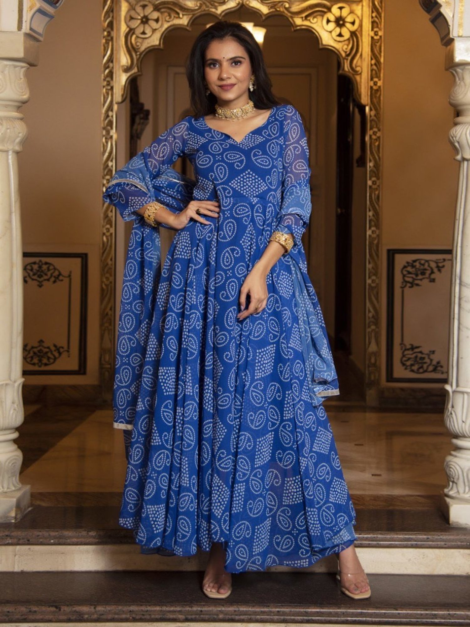 Calmna Berry Blue Bhandhej Anarkali Suit Set