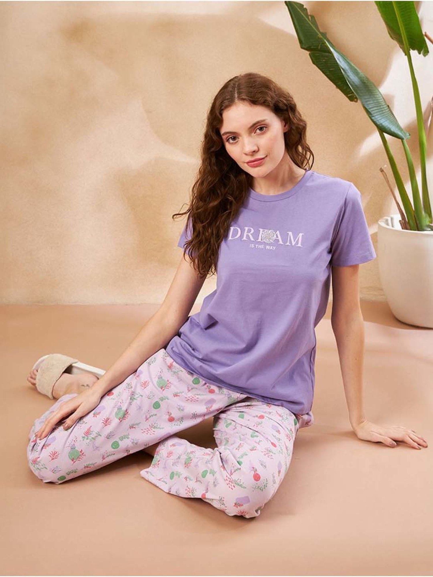 MADAME M Secret Purple Cotton Printed T-Shirt Pyjamas Set