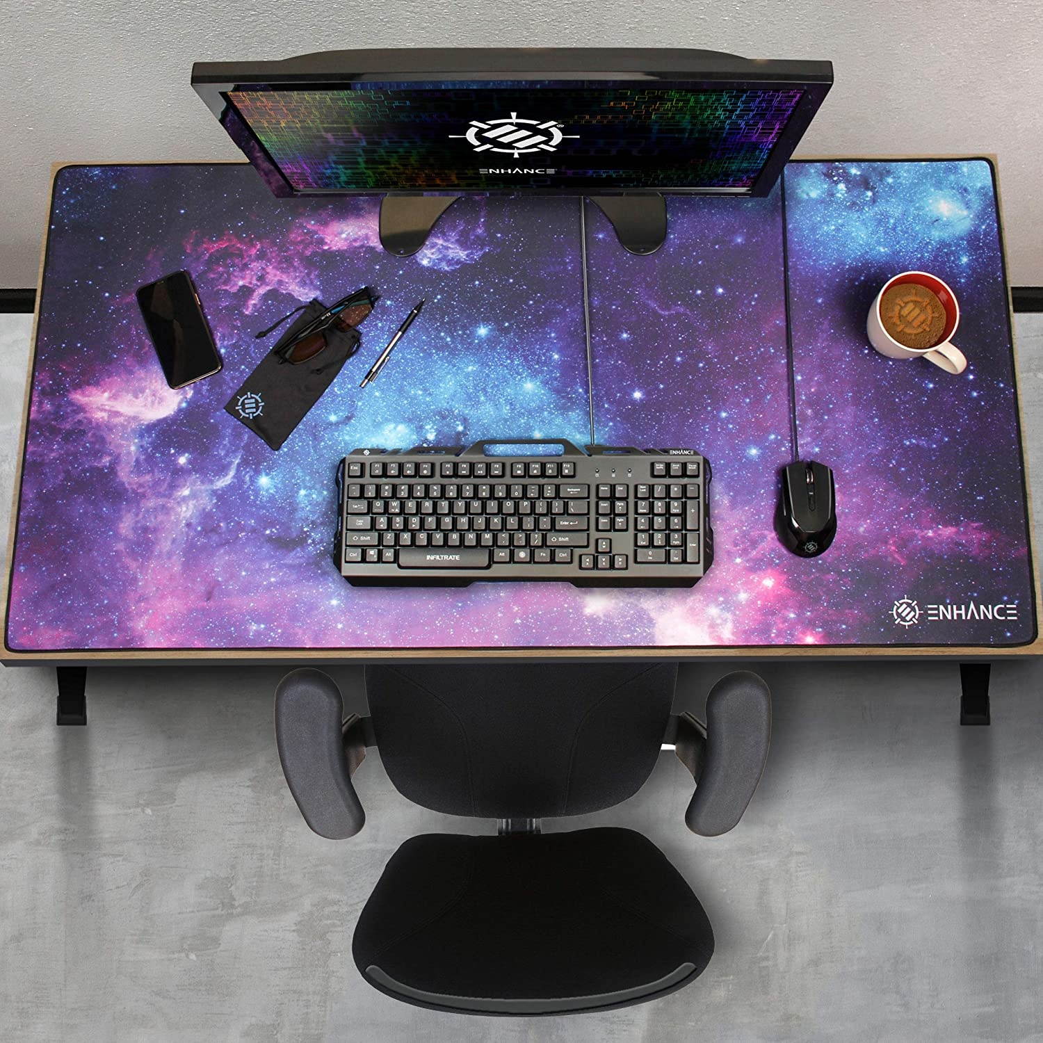 ENHANCE XXXL Gaming Computer Desk Mat - Large Mouse Mat (48x24 Mouse Pad) Cushion Padding for Home Office Desk, Extended Table Mousepad with Smooth Tracking Surface and Non-Slip Rubber Grip - Galaxy