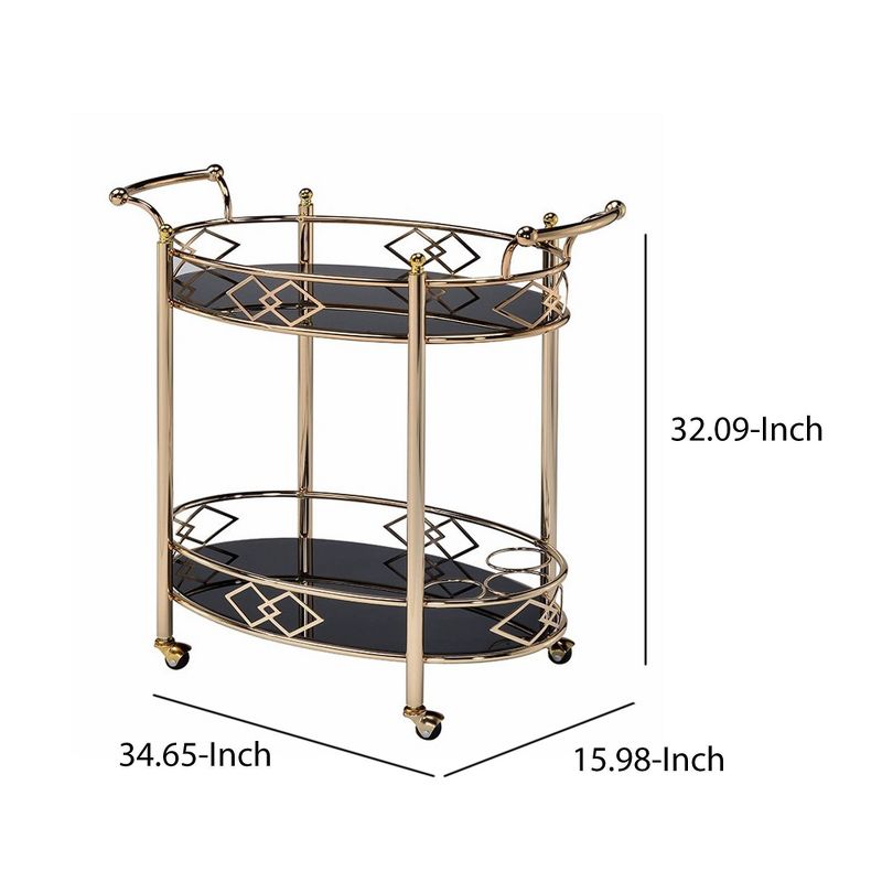 Metal Framed Serving Cart with Tempered Glass Top and Open Bottom Shelf Gold/Black - Benzara