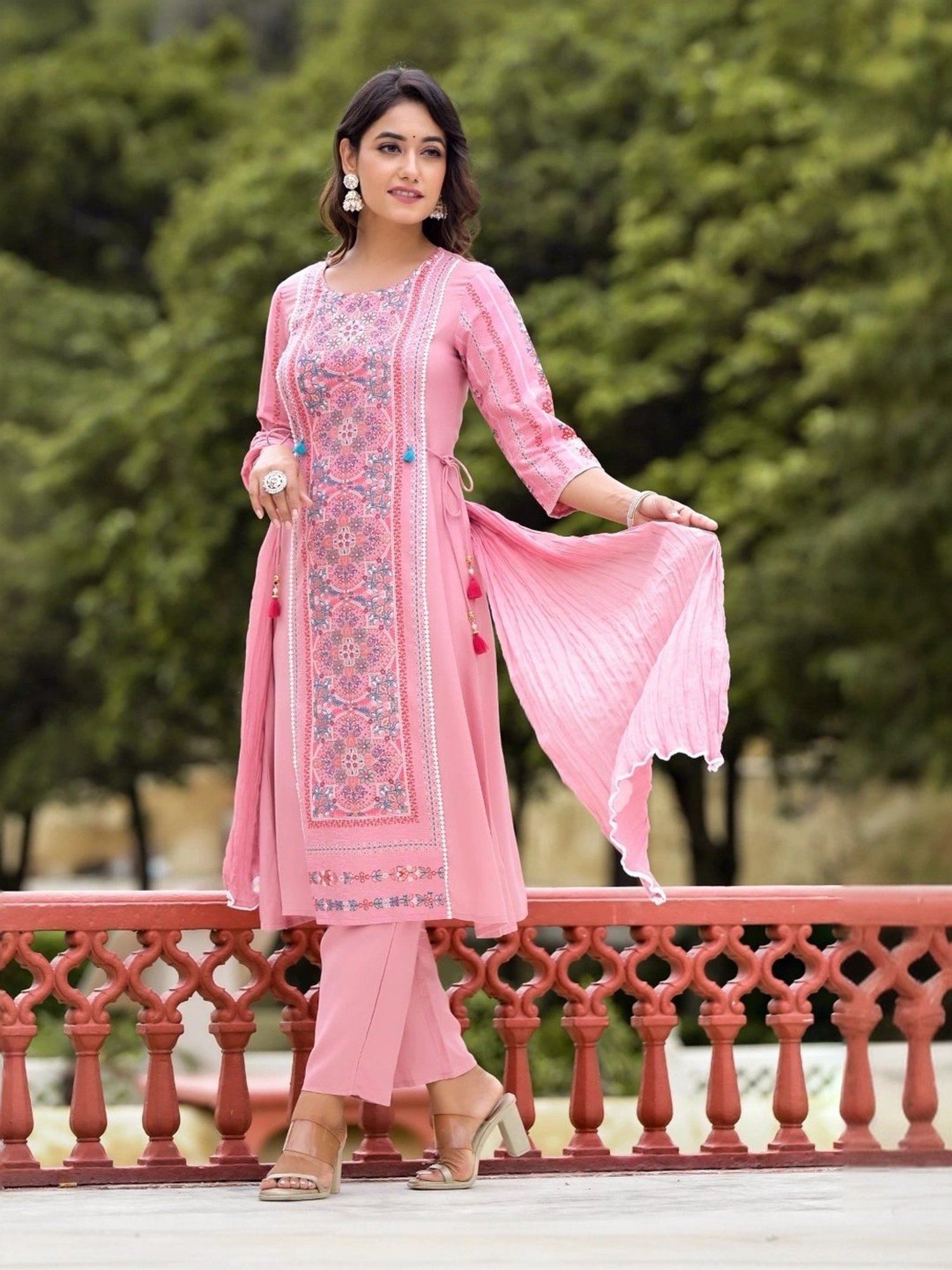 Juniper Pink Embroidered Kurta Pant Set With Dupatta