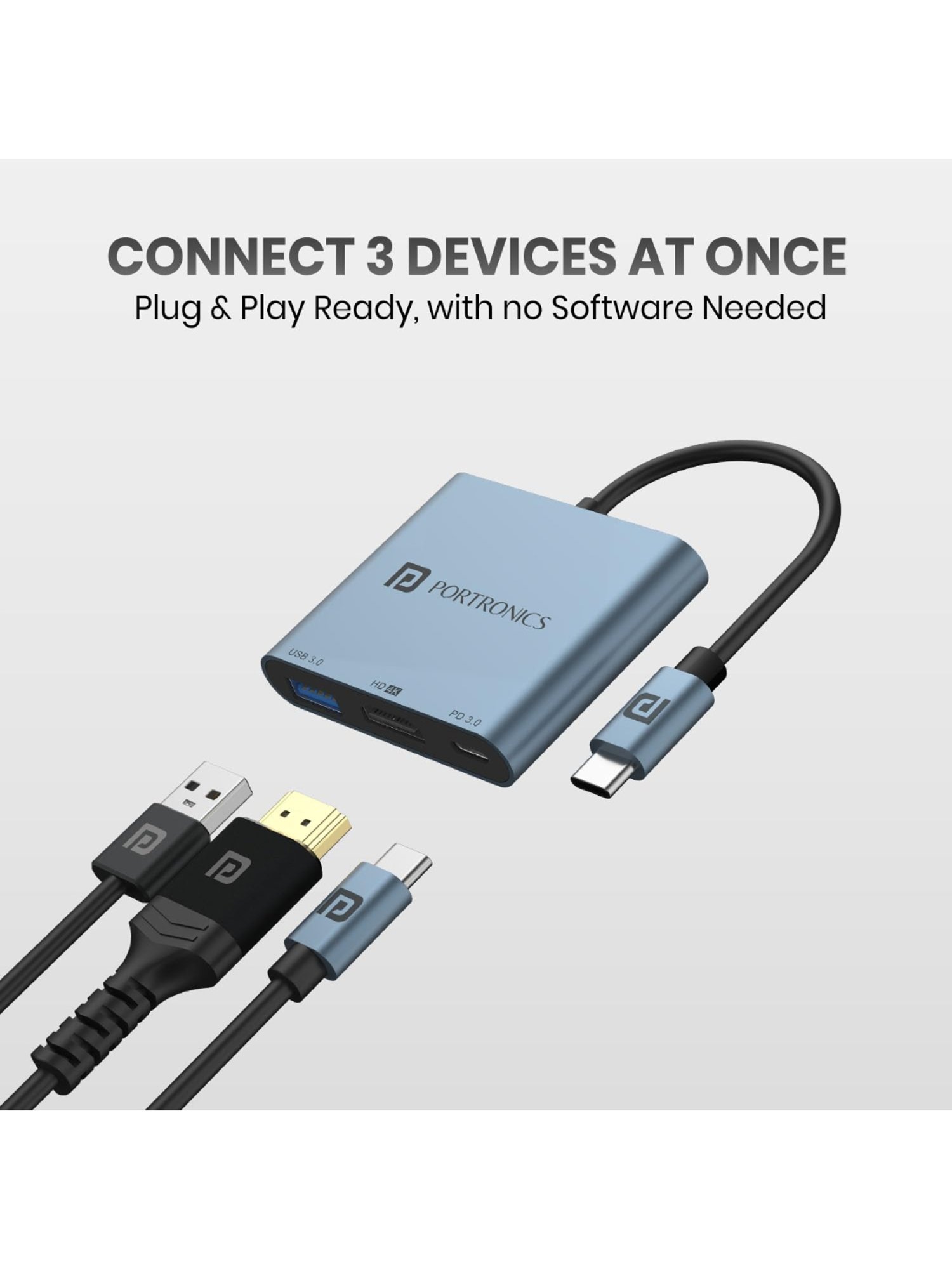 Portronics C-Konnect Plus Type-C to HDMI Adapter with 100 W PD Charging for Laptop, MacBook (Grey)