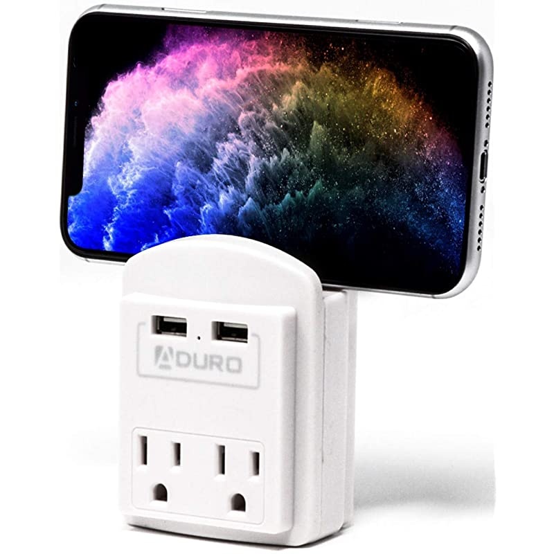 Surge Protector 2 Outlets Power Strip Station with 2 USB Ports Multiple Outlet Splitter Extender Adapter with Phone Shelf Stand ETL Listed White