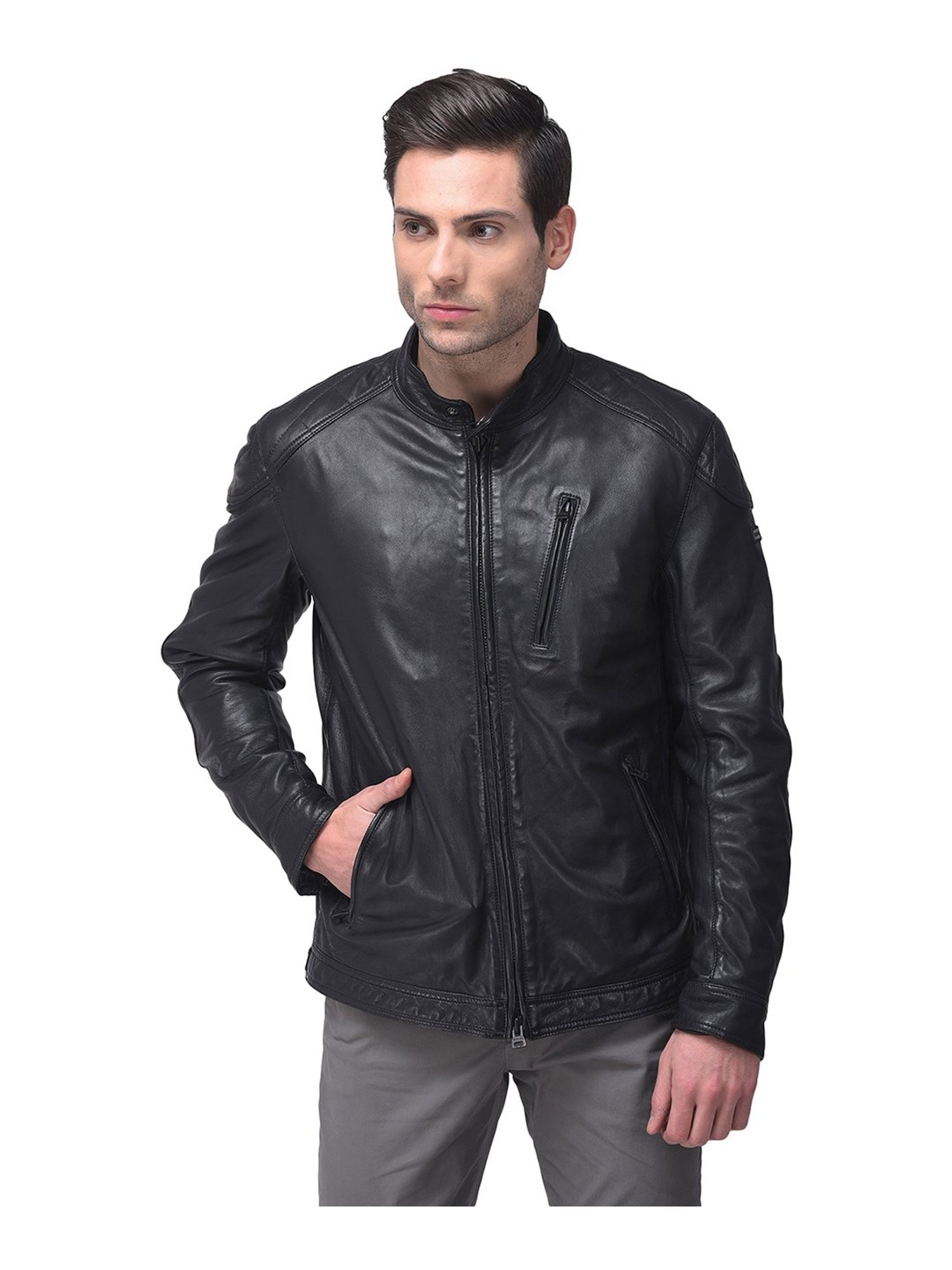 Woods Black Mandarin Collar Leather Jacket