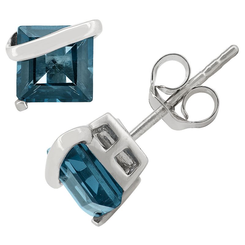 Princess-Cut London Blue Topaz Stud Earrings in Sterling Silver