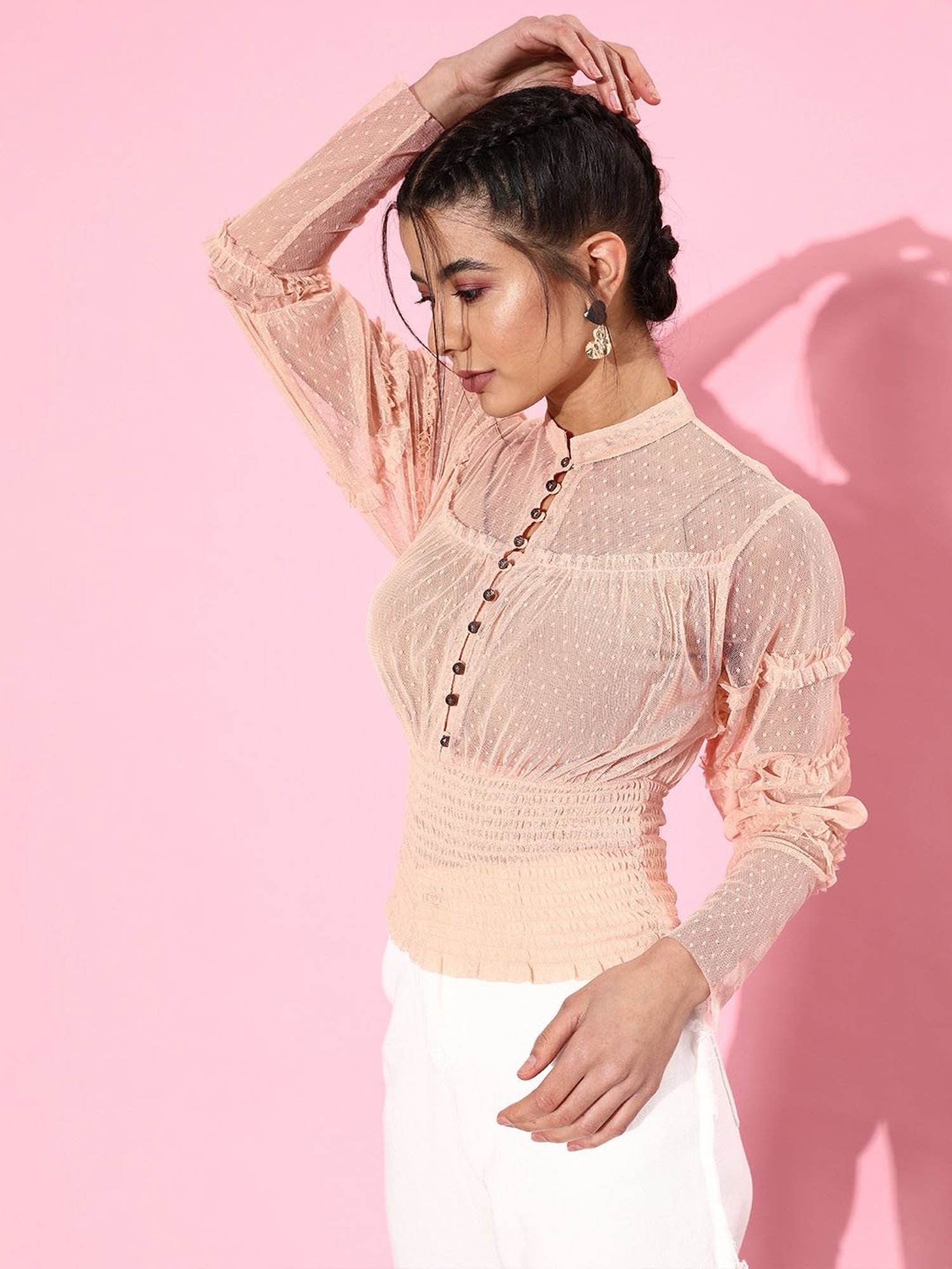 QUIERO Peach Self Design Top