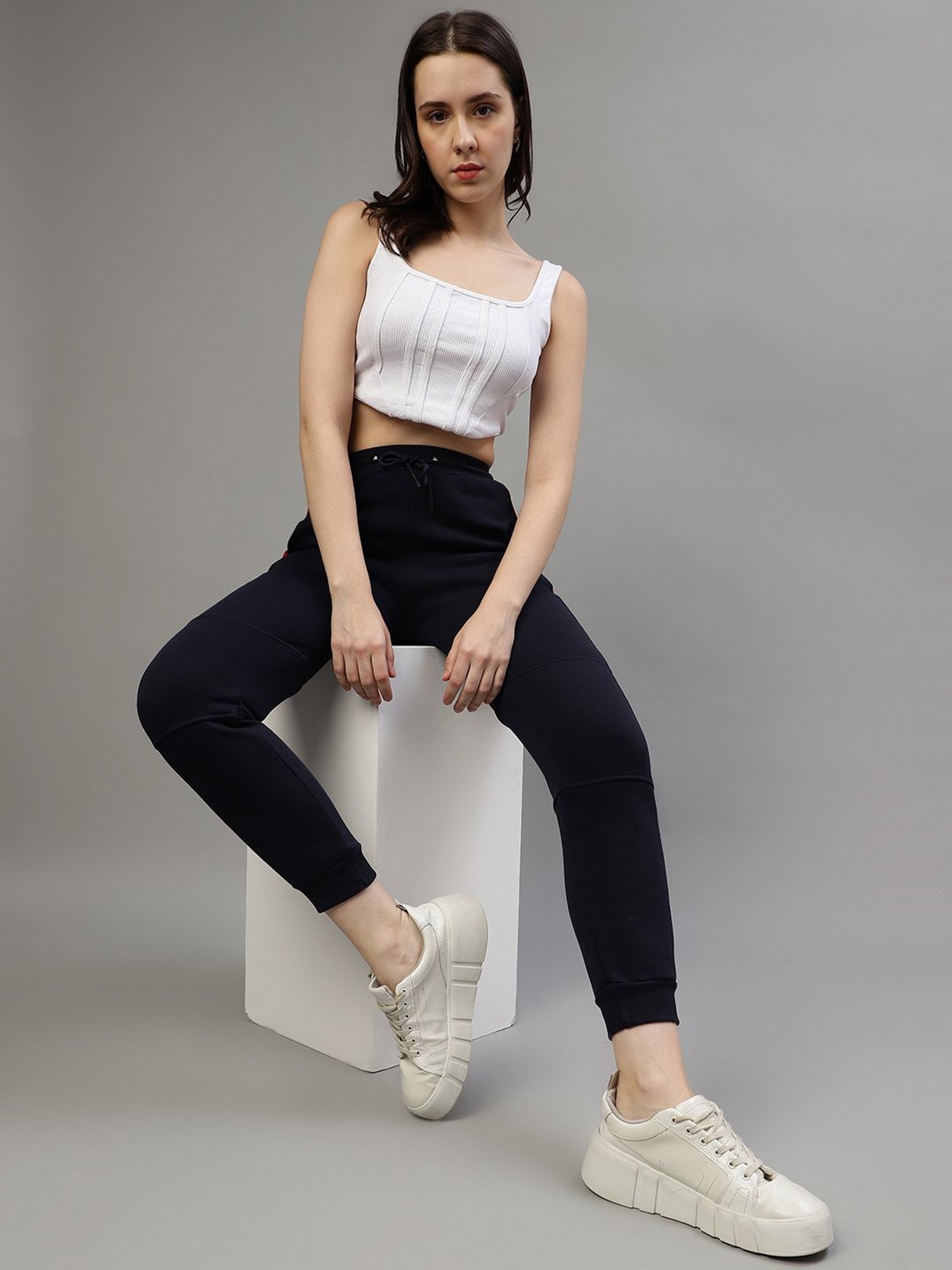 Iconic Women Colourblocked Regular Fit Cotton Trousers