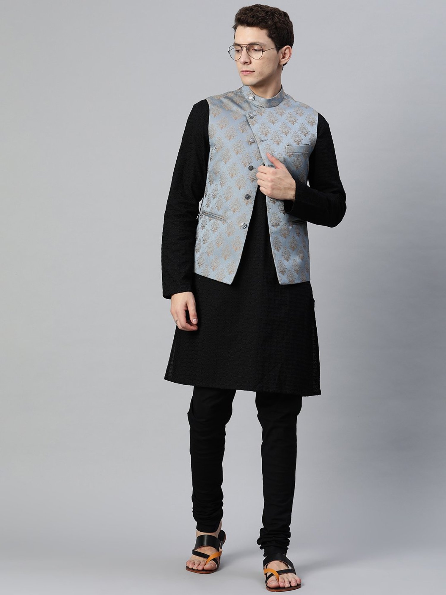 ManQ Blue Slim Fit Nehru Jacket