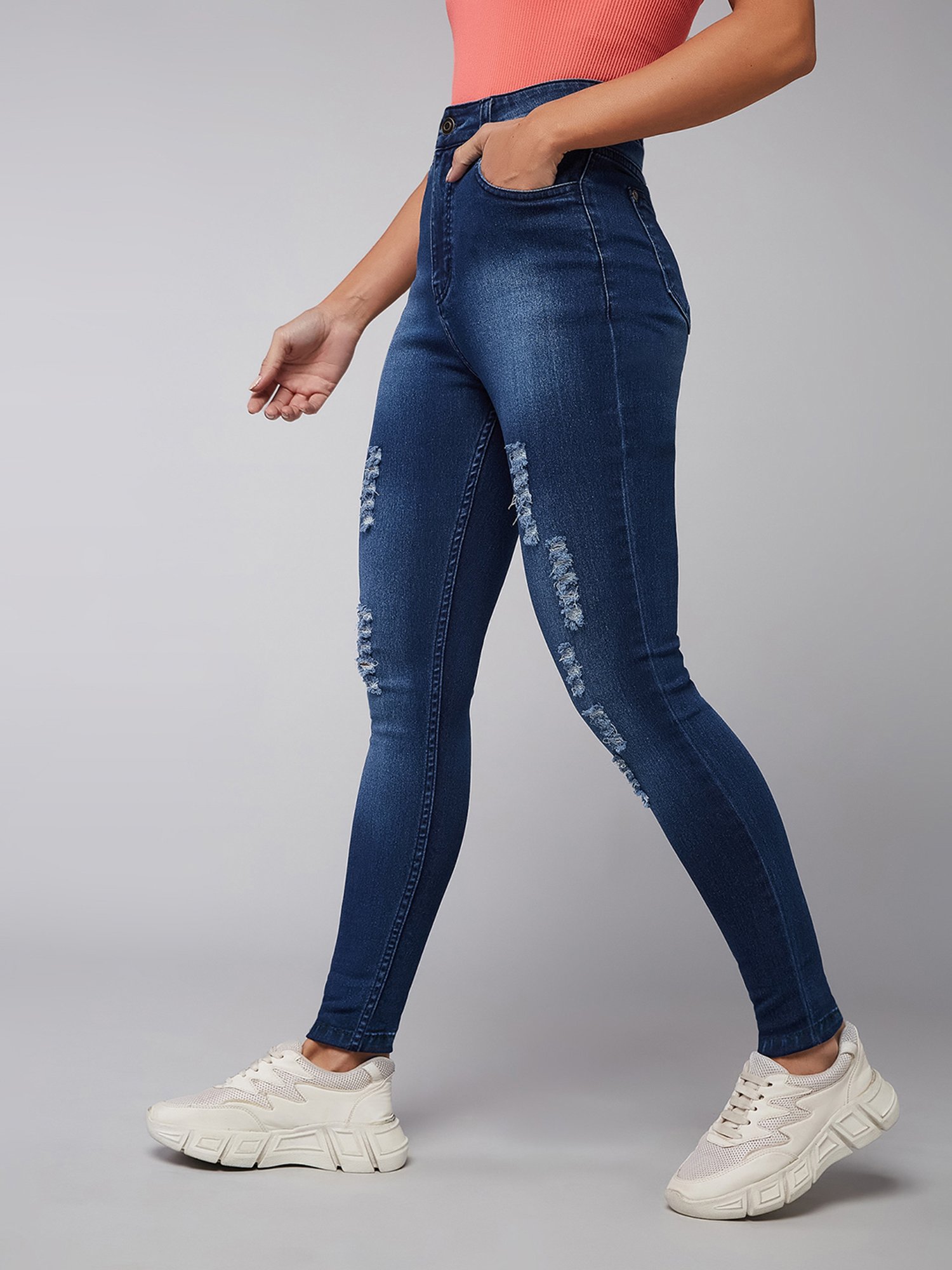 DOLCE CRUDO Blue Denim Distressed High Rise Jeans