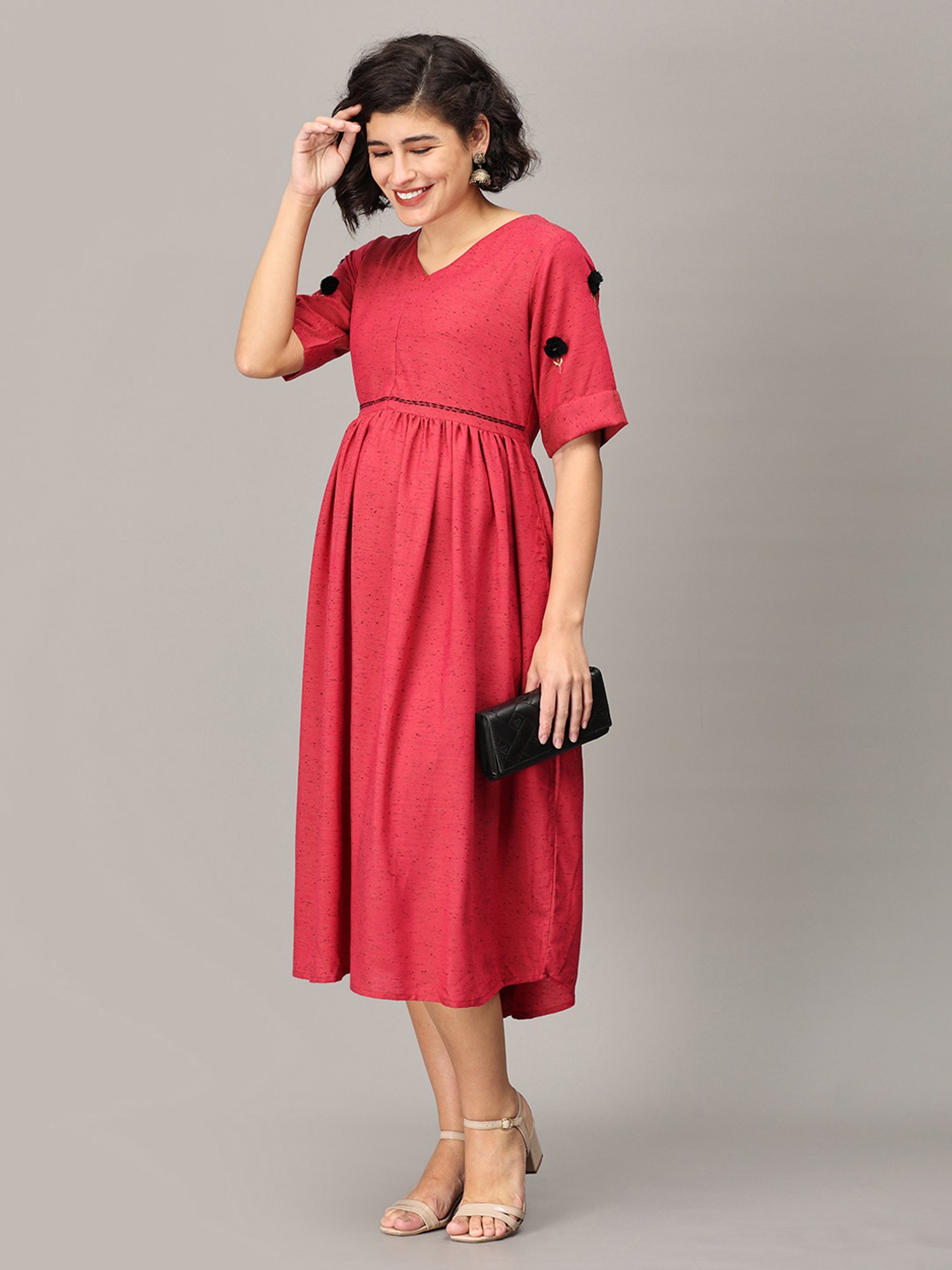 The Mom Store Magenta Embroidered Maternity Midi Dress