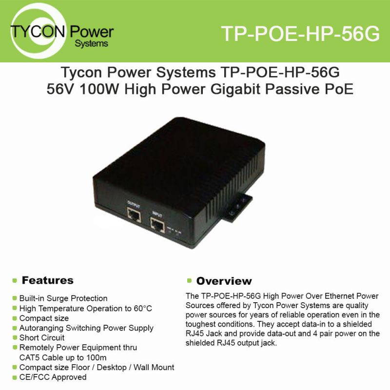 Tycon Power TP-POE-HP-56G - 56V 100W High Power Gigabit Passive POE