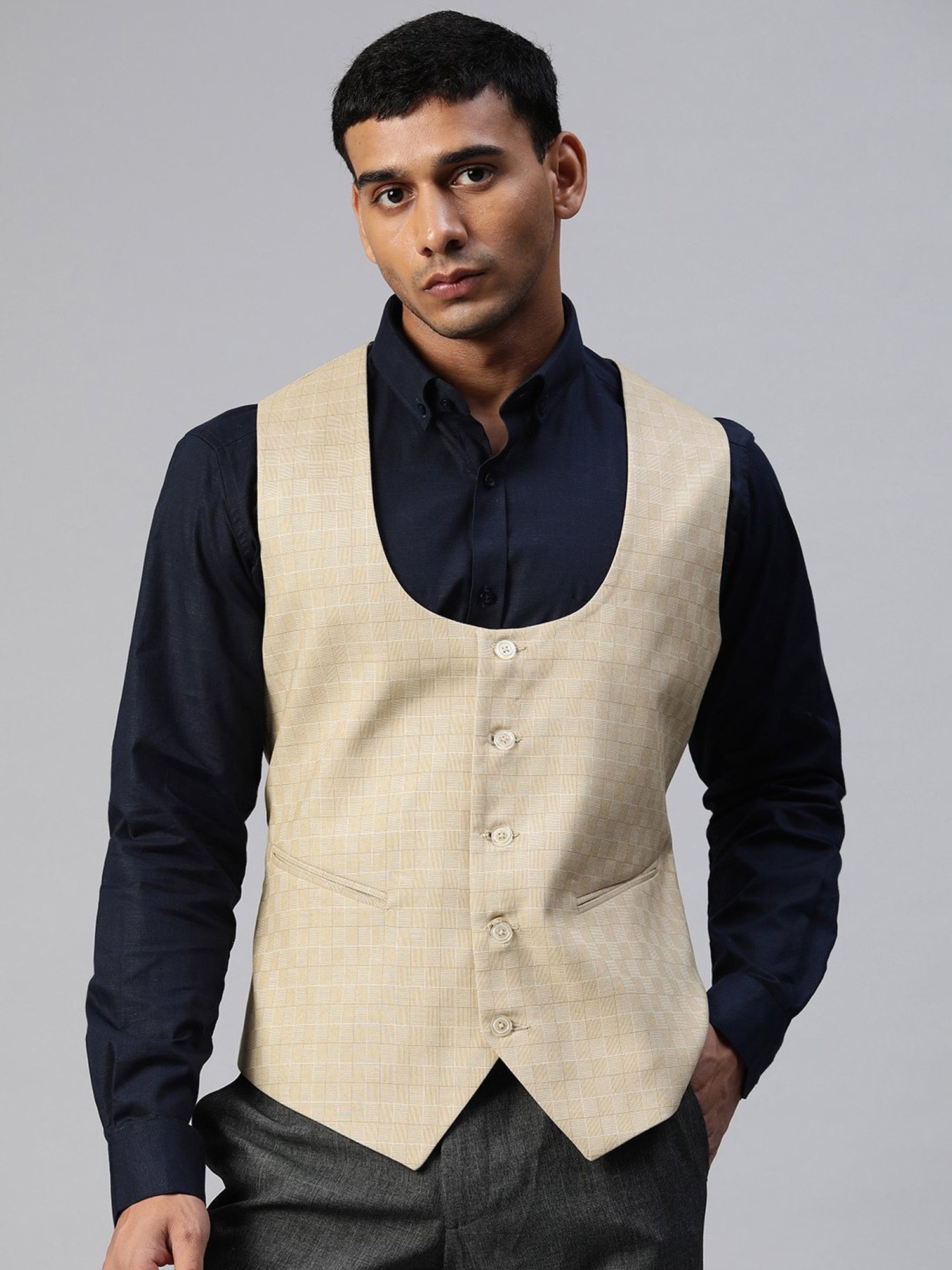 ManQ Beige Sleeveless Scoop Neck Waistcoat