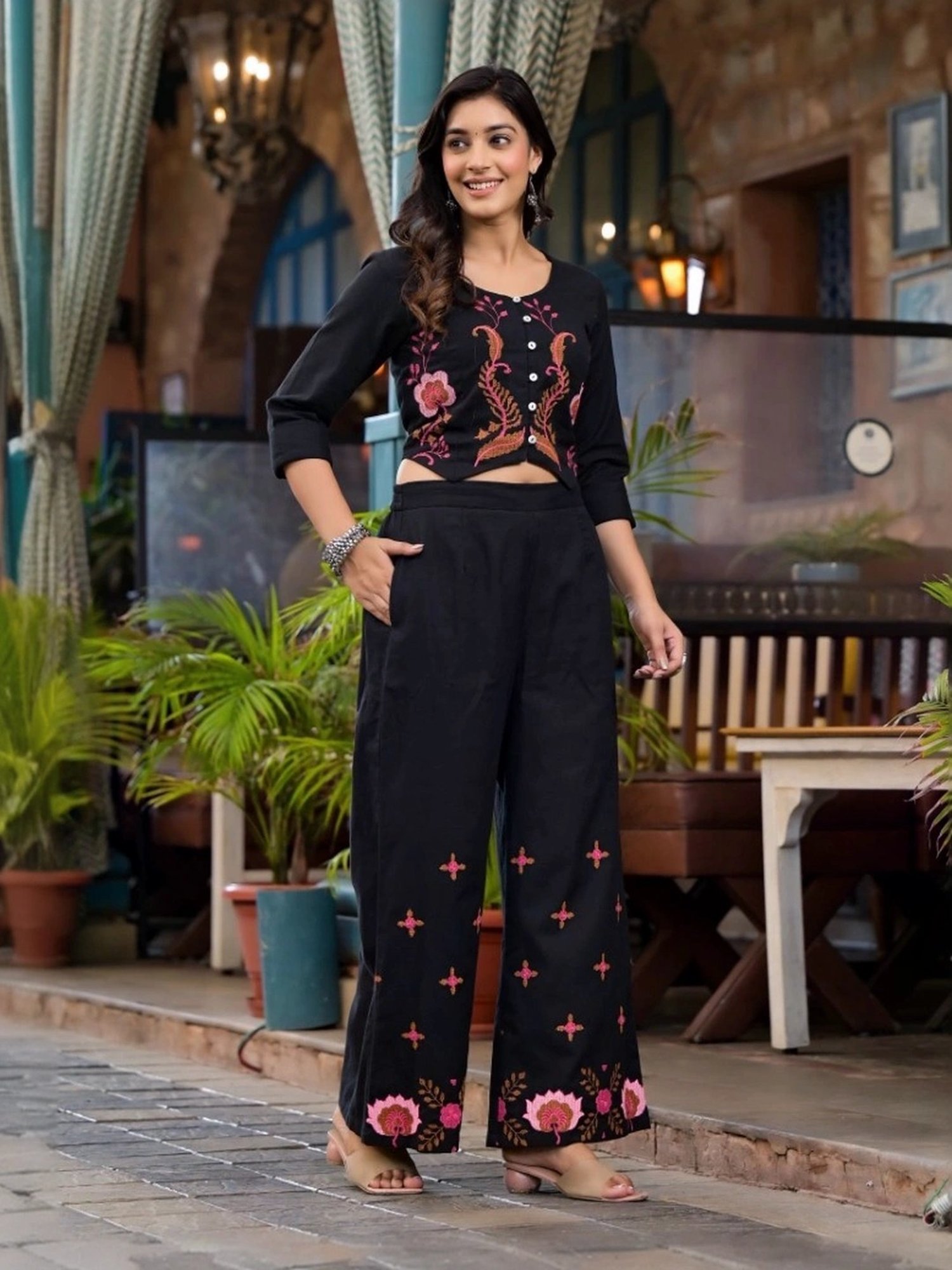 Juniper Black Cotton Embroidered Top Palazzo
