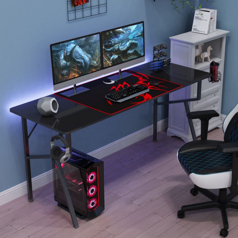 Eureka Gaming&reg; Captain K Series 63'' E-sport Desk, Home Office Gaming Computer Desk, K Shaped Gamer Workstation with Free Controller Stand, Cup Holder, Headphone Hook & Mousepad, Black