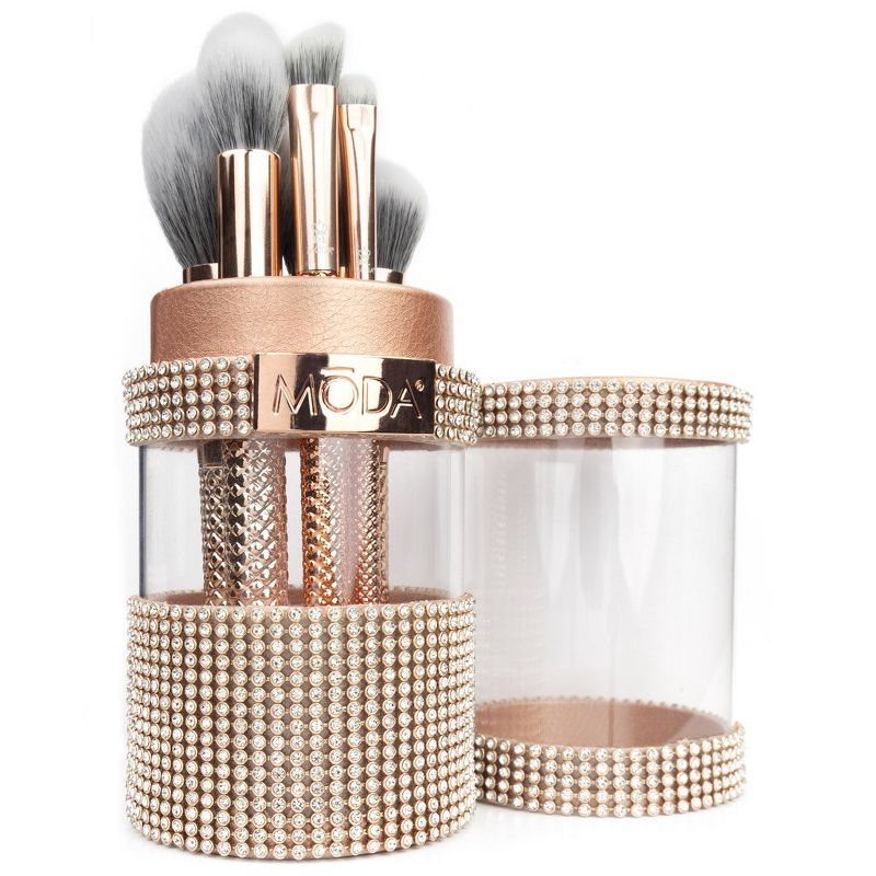 MODA Brush Metallics 6pc Full Face Rose Gold Makeup Brush Set with Rose Gold Gem Brush Container