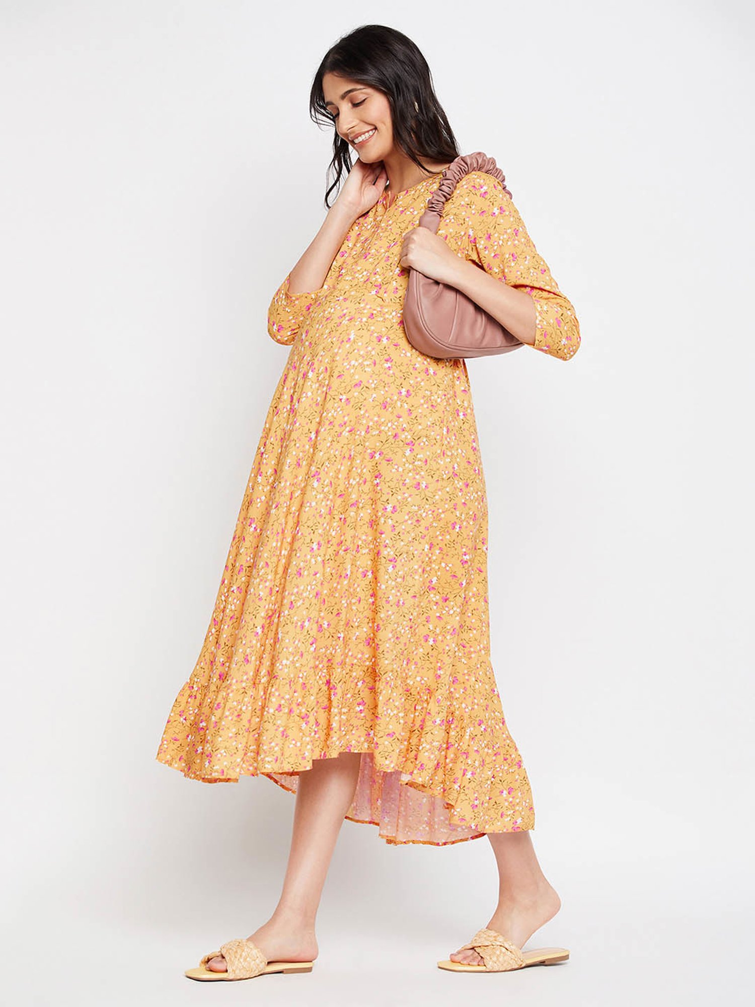 Hypernation Yellow Rayon Floral Print Maternity Dress