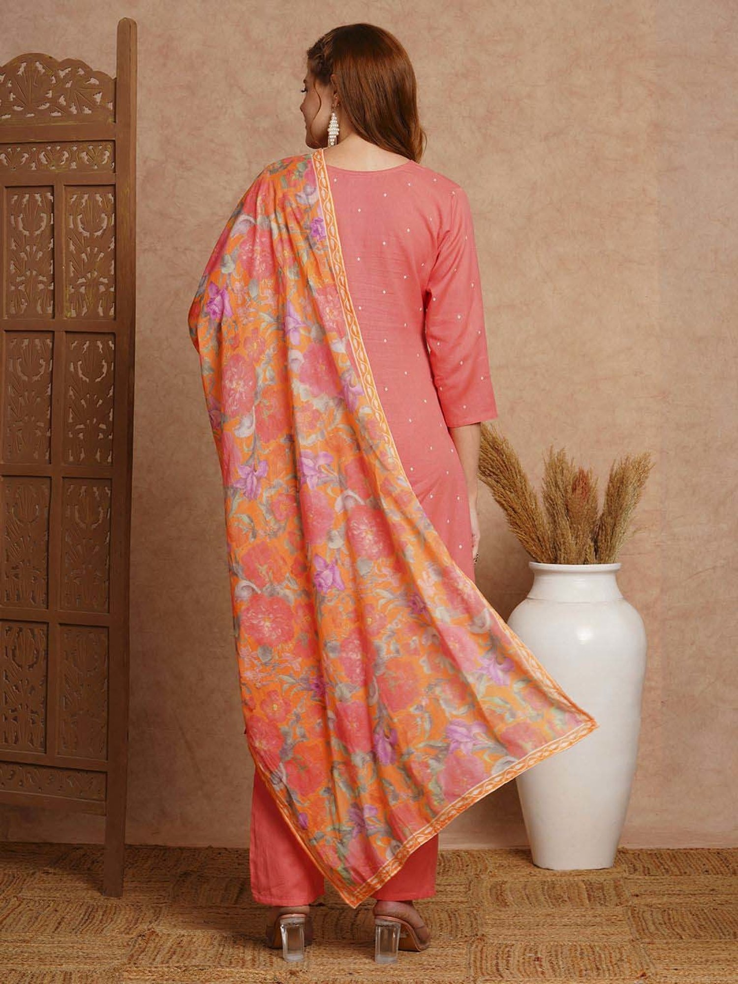 Fashor Coral Cotton Printed Kurta & Pant Set With Dupatta