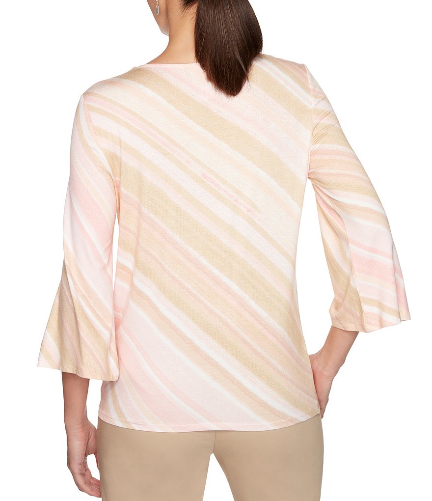 Ruby Rd. Diagonal Stripe Knit Embellished Jewel Neck Tie-Front 3/4 Bell Sleeve Top