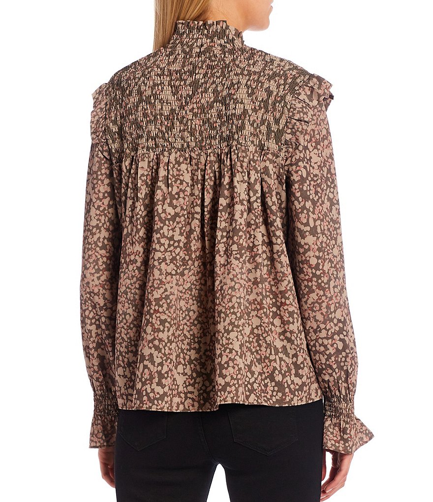 French Connection Erika Leopard Print Drape Long Sleeve Smocked Yoke Top