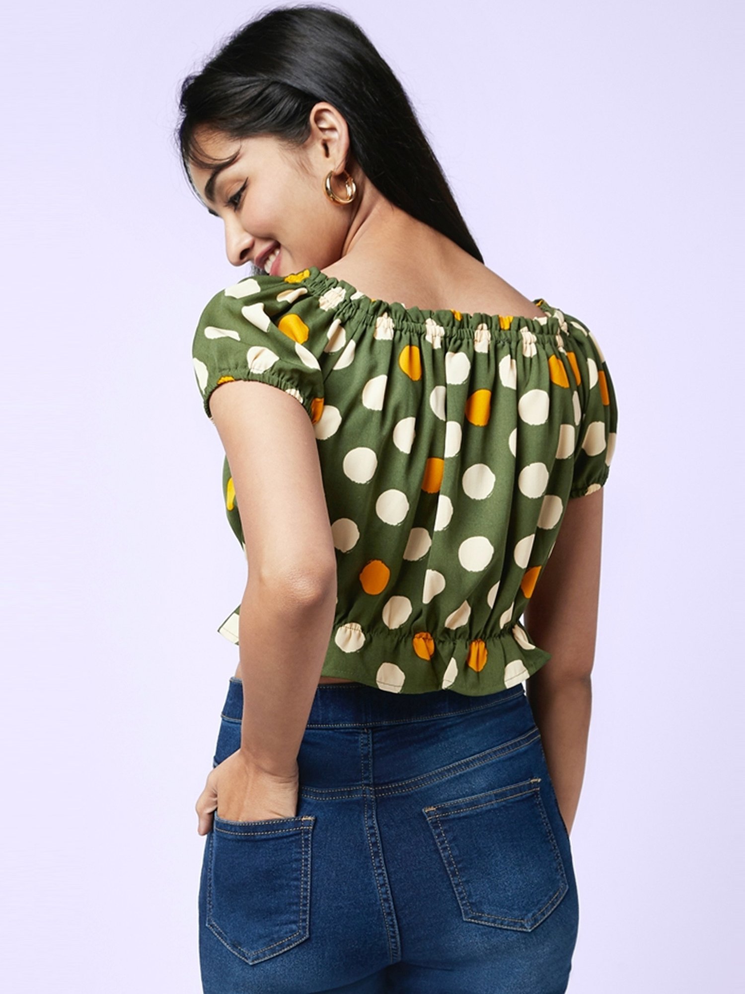 YU by Pantaloons Green Cotton Polka Dots Crop Top