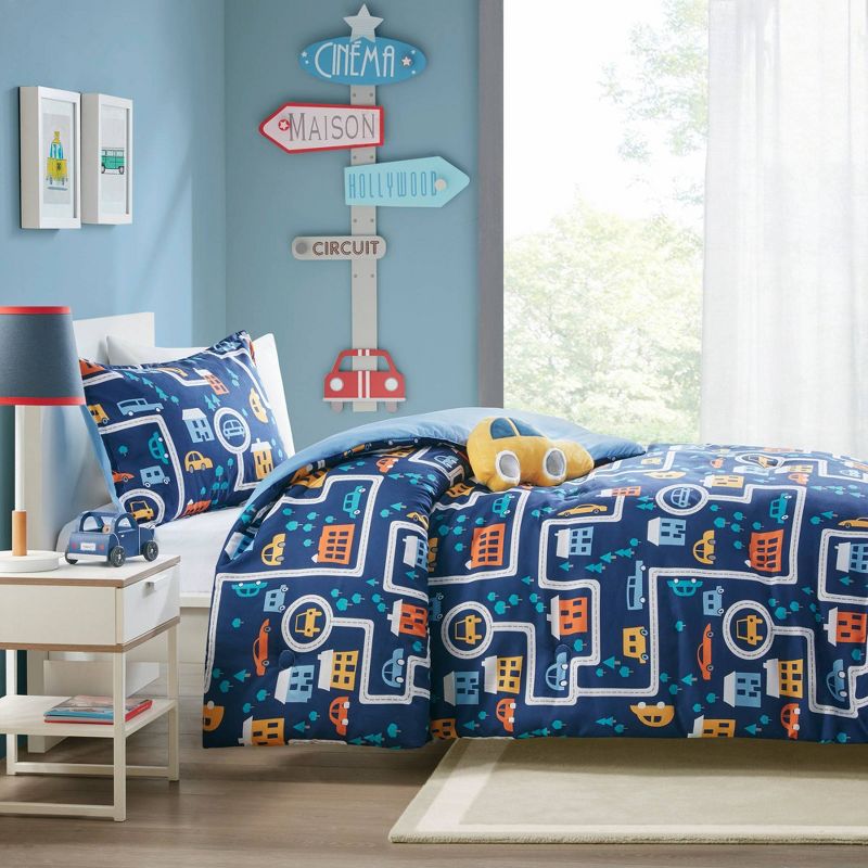 Full/Queen Ryan Traveling Cars Printed Comforter Set Navy