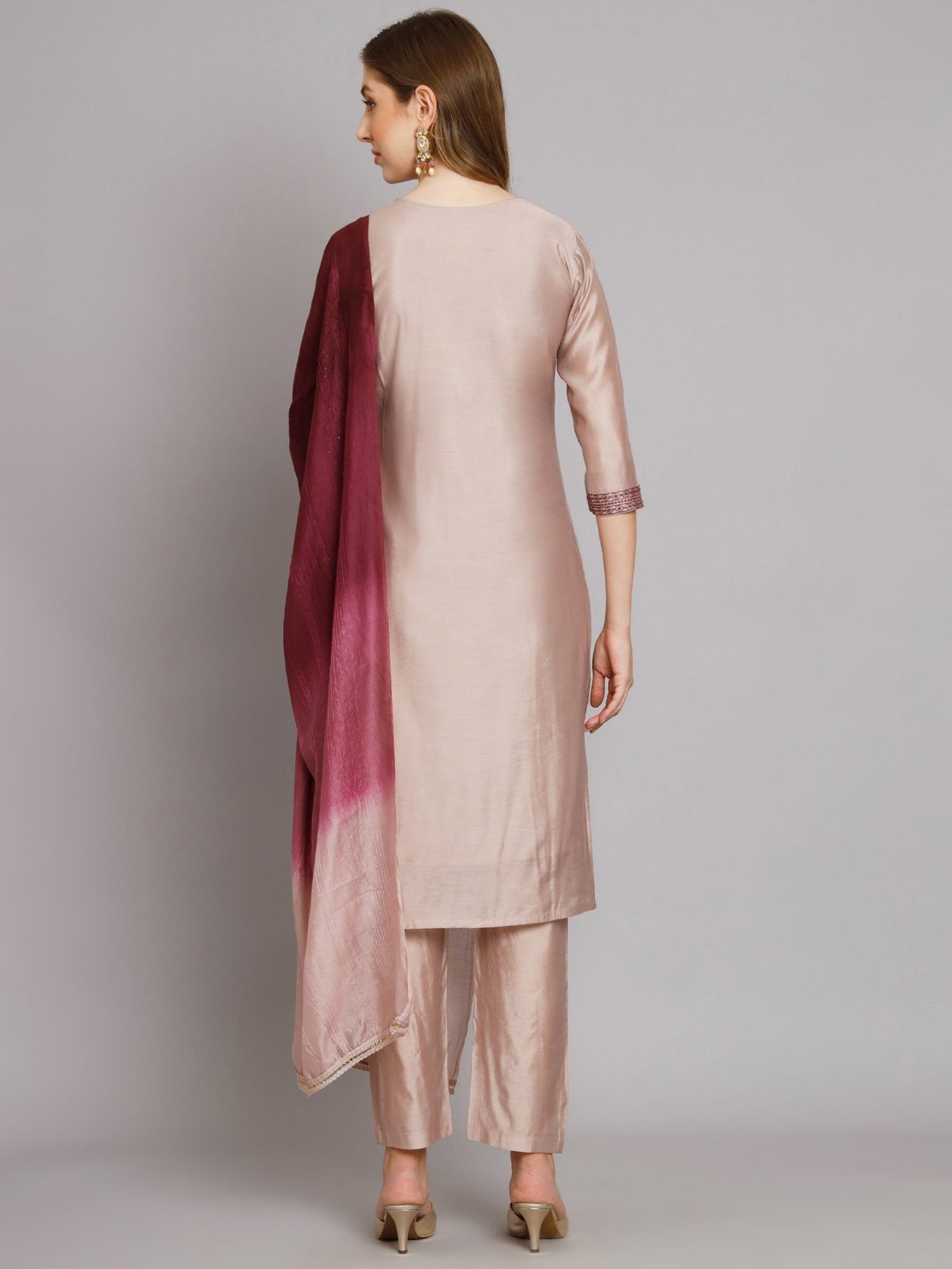 SWAGG INDIA Beige Embroidered Kurta Pant Set With Dupatta