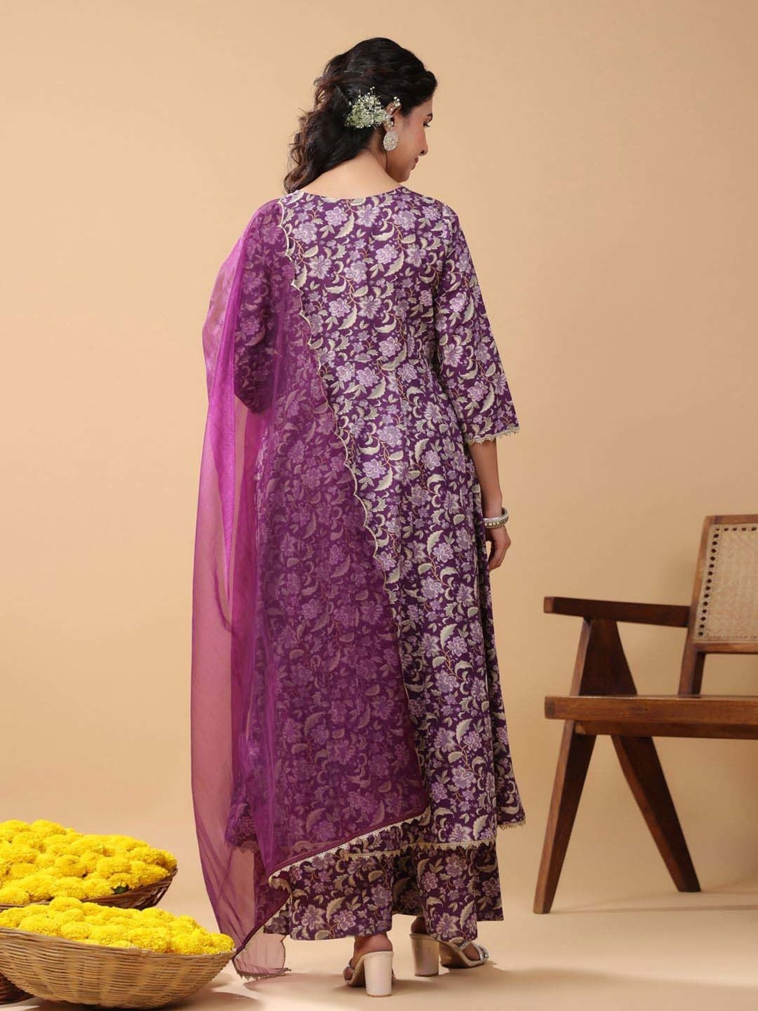 Janasya Purple Cotton Floral Print Kurta With Palazzo & Dupatta