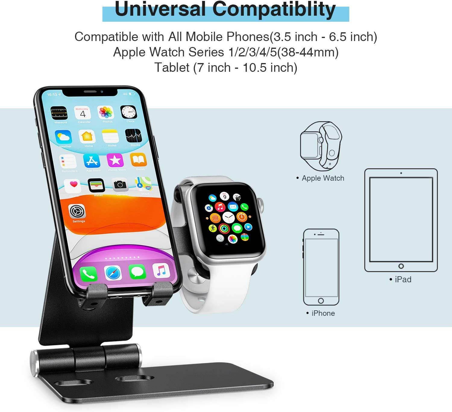 Cell Phone Stand for Apple Watch - OMOTON 2 in 1 Aluminum Foldable Charging Dock Stand for Apple Watch 5/4/3/2/1 and iPhone 11/11 Pro/11 Pro Max/XR/Xs/Xs Max (Black)
