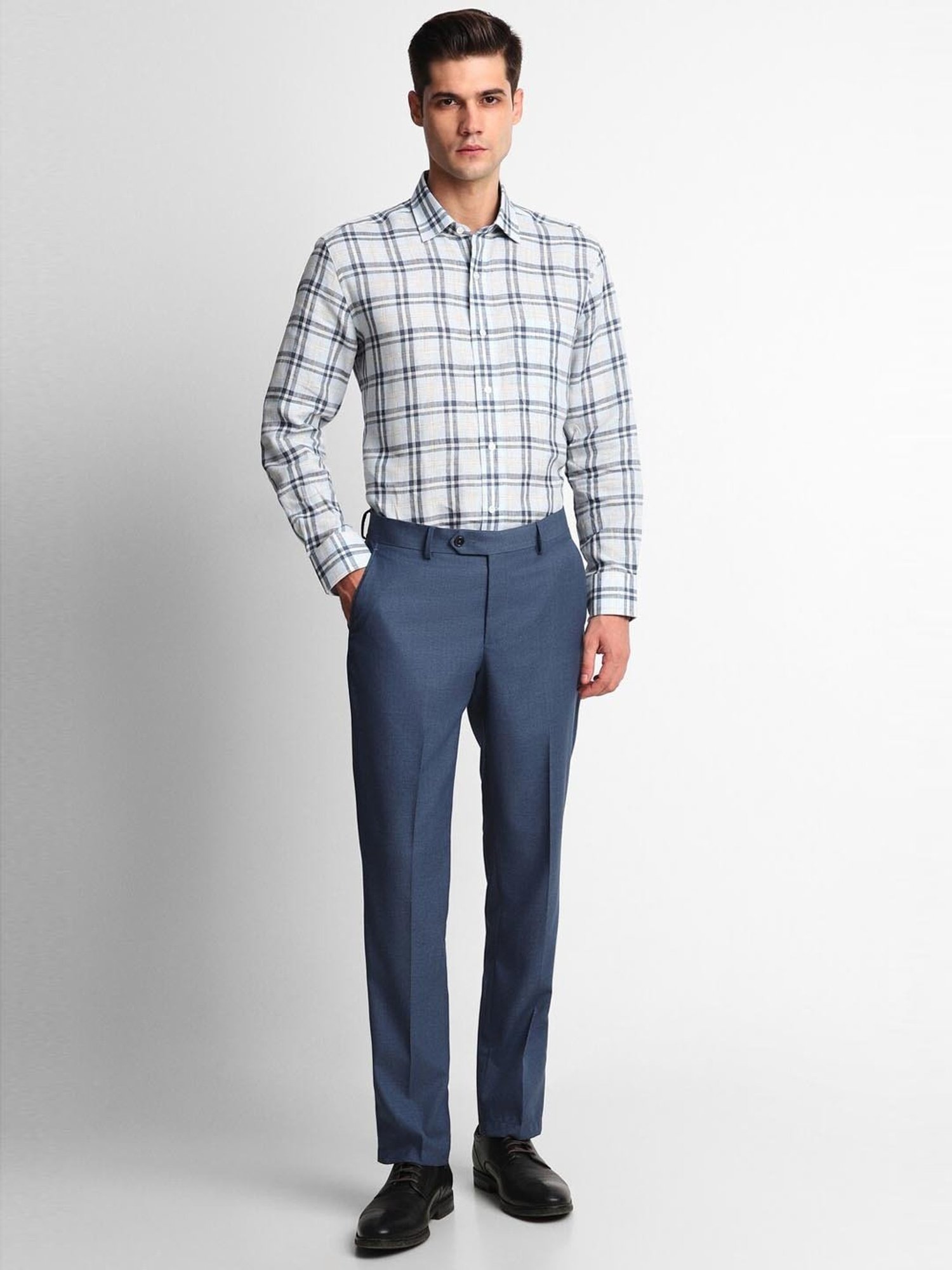 Luxure By Louis Philippe White Linen Regular Fit Checks Shirt