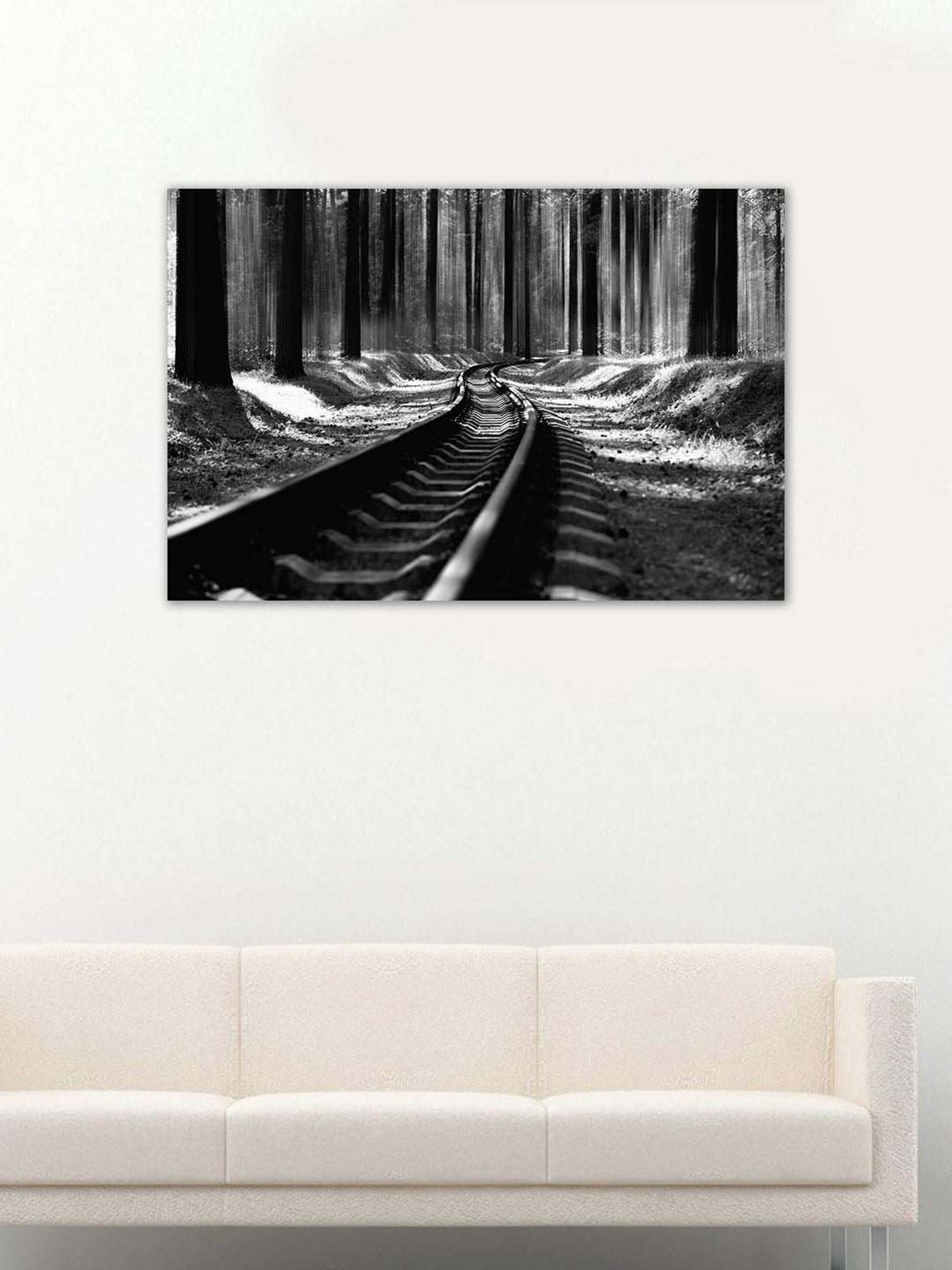 999store Black & Grey Railroad Track In Forest Canvas Painting
