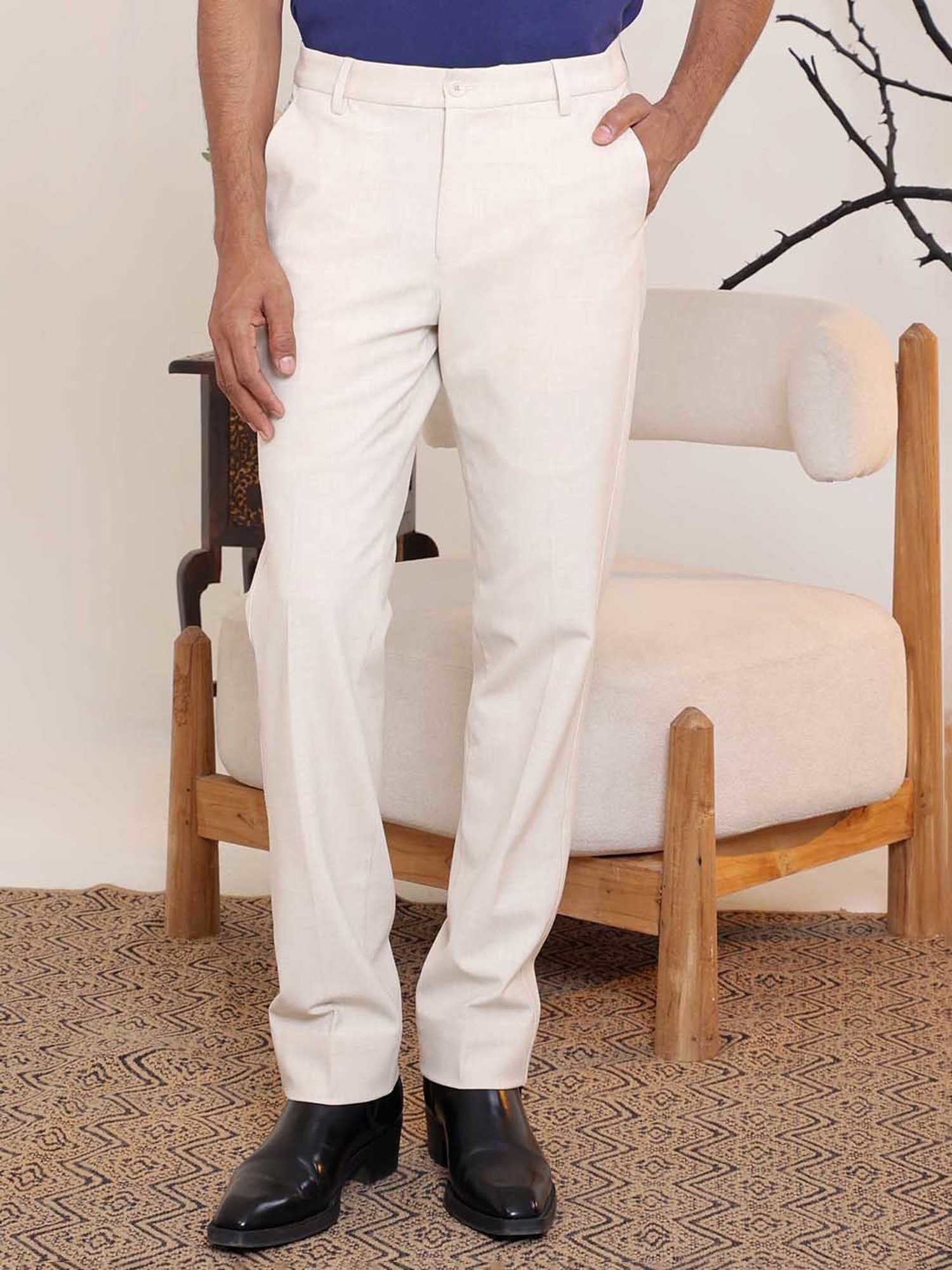 SUBTRACT Ivory Sand Slim Fit Flat Front Trousers