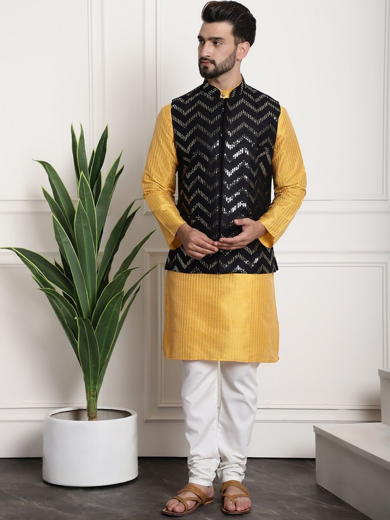 Sojanya Mustard & Black Regular Fit Self Pattern Kurta Set With Jacket