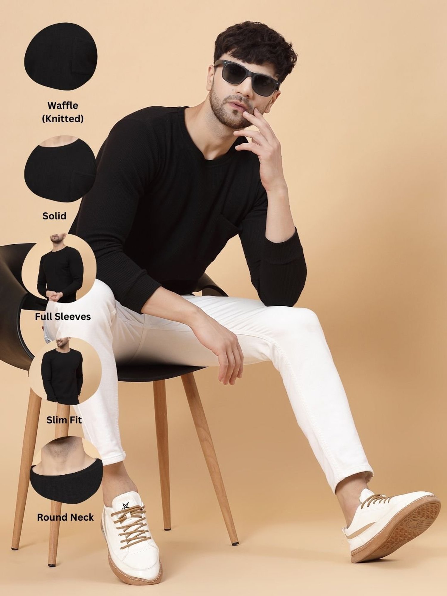 Rigo Black Regular Fit Textured Crew T-Shirt