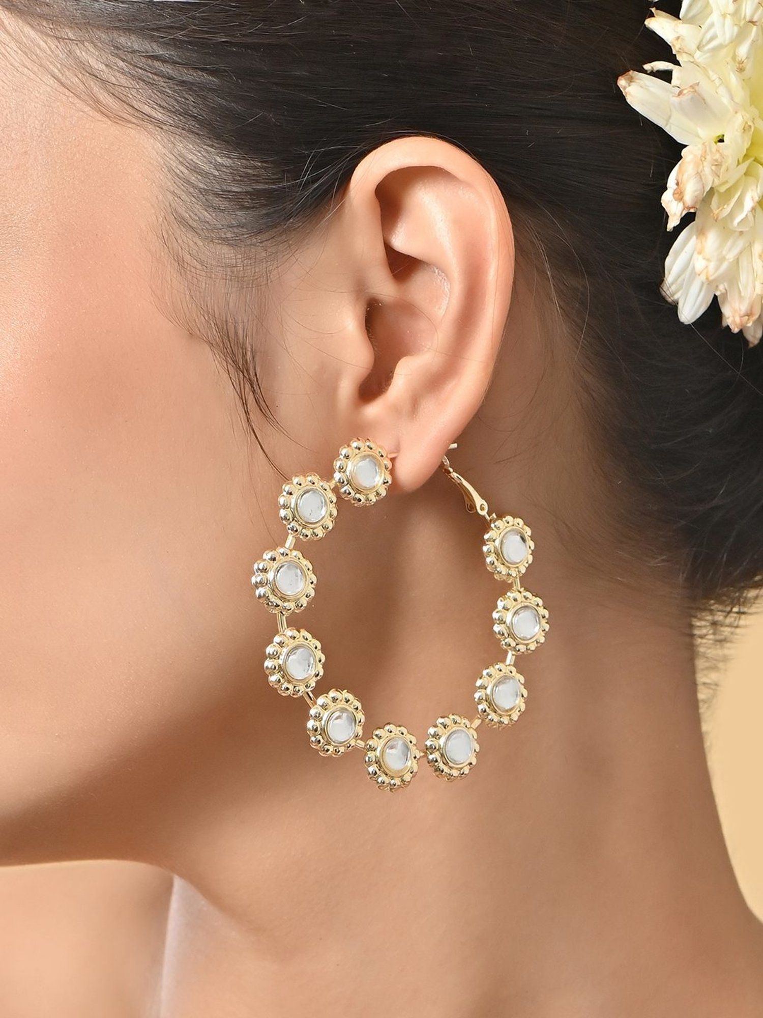 Fida Mehendi Gold and White Kundan Hoop Earrings for Women