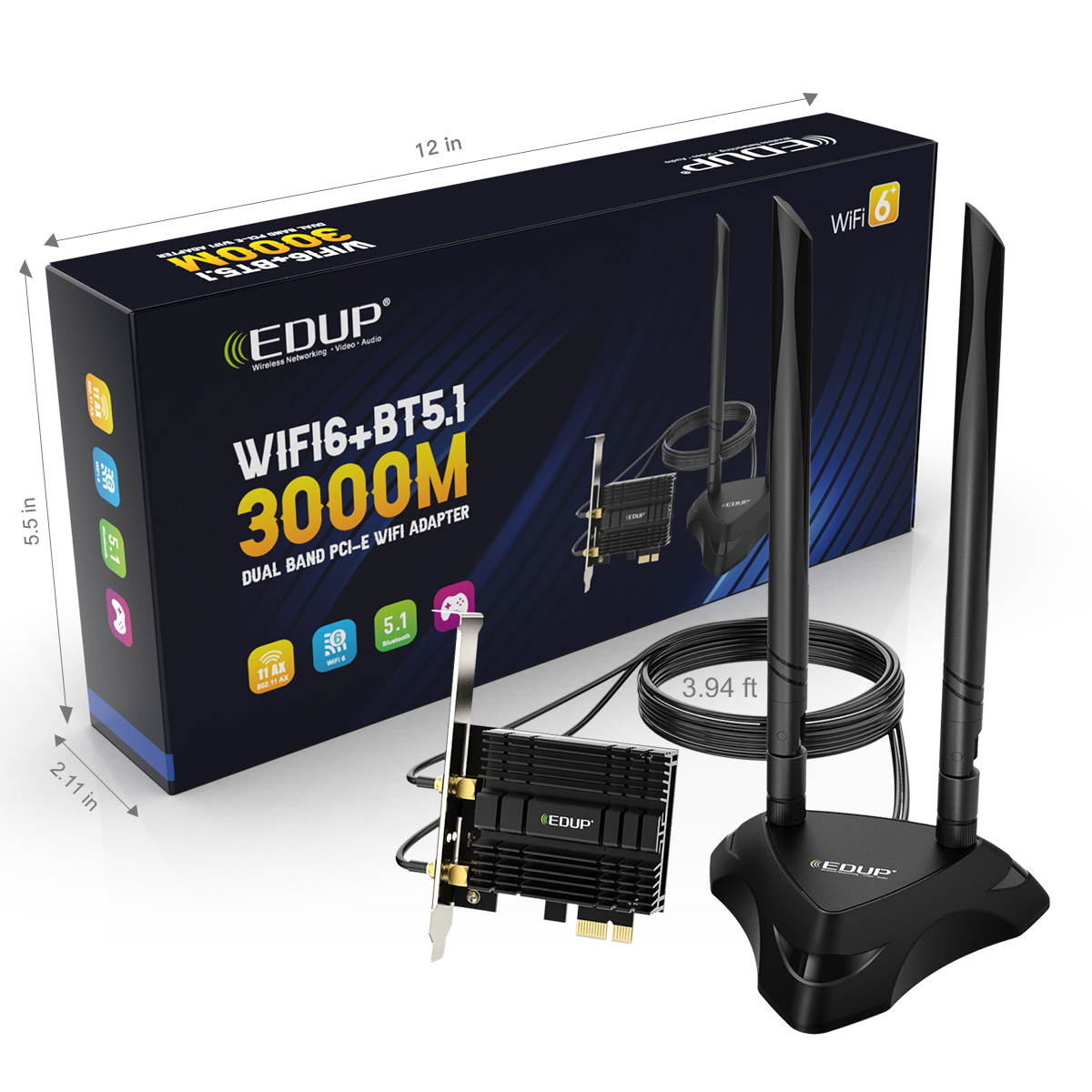 EDUP PCIe WiFi 6 Card for Desktop PC, 3000Mbps 802.11AX Dual Band Wireless Bluetooth 5.1 Adapter with Magnetic Antenna Base, MU-MIMO, OFDMA, Advanced Heat Sink Support Windows 10 64bit