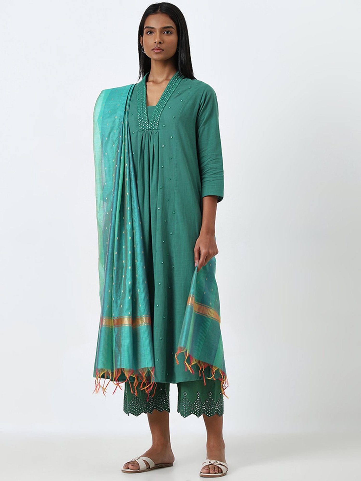 Utsa by Westside Turquoise Zari Embellished Striped Dupatta