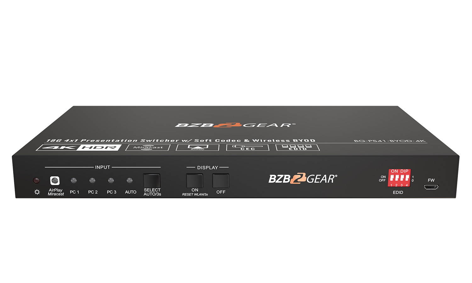 BZBGEAR 4X1 4K Wireless Presentation Switcher with HDMI 2.0/USB-C/Soft Codec