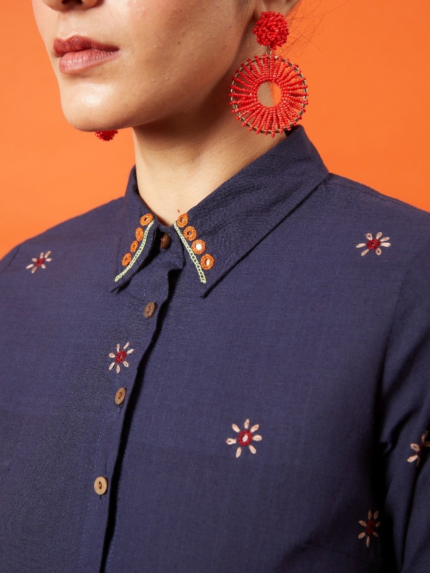 Okhai Noble Woman Navy Pure Cotton Kutch Hand Embroidered Shirt